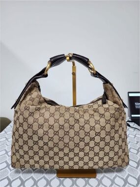 Authentic Gucci Beige/Ebony GG Canvas Medium Horsebit Hobo Bag